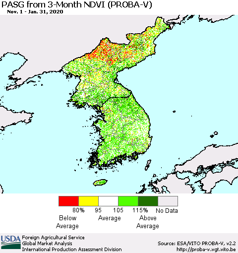 Korea PASG from 3-Month NDVI (PROBA-V) Thematic Map For 1/21/2020 - 1/31/2020