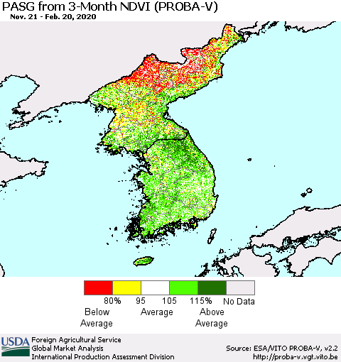 Korea PASG from 3-Month NDVI (PROBA-V) Thematic Map For 2/11/2020 - 2/20/2020