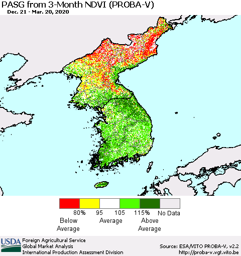 Korea PASG from 3-Month NDVI (PROBA-V) Thematic Map For 3/11/2020 - 3/20/2020