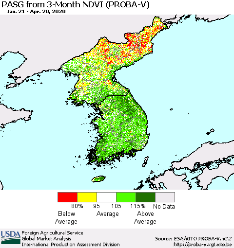 Korea PASG from 3-Month NDVI (PROBA-V) Thematic Map For 4/11/2020 - 4/20/2020