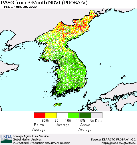 Korea PASG from 3-Month NDVI (PROBA-V) Thematic Map For 4/21/2020 - 4/30/2020