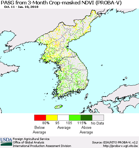 Korea PASG from 3-Month Crop-masked NDVI (PROBA-V) Thematic Map For 1/1/2018 - 1/10/2018