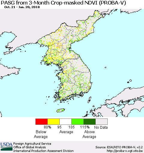 Korea PASG from 3-Month Crop-masked NDVI (PROBA-V) Thematic Map For 1/11/2018 - 1/20/2018