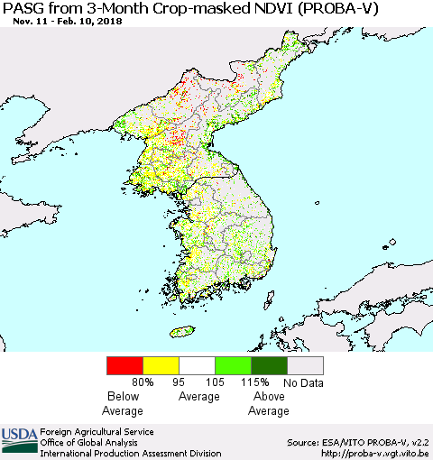 Korea PASG from 3-Month Crop-masked NDVI (PROBA-V) Thematic Map For 2/1/2018 - 2/10/2018