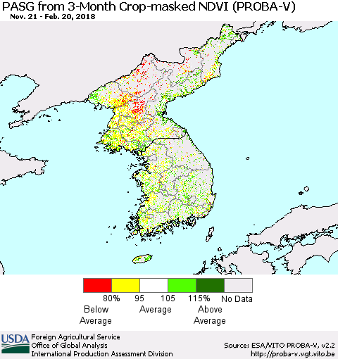 Korea PASG from 3-Month Crop-masked NDVI (PROBA-V) Thematic Map For 2/11/2018 - 2/20/2018