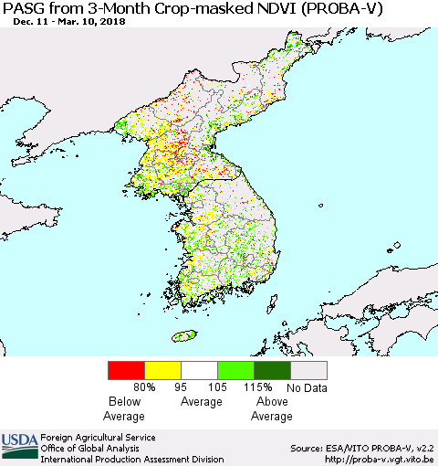 Korea PASG from 3-Month Crop-masked NDVI (PROBA-V) Thematic Map For 3/1/2018 - 3/10/2018