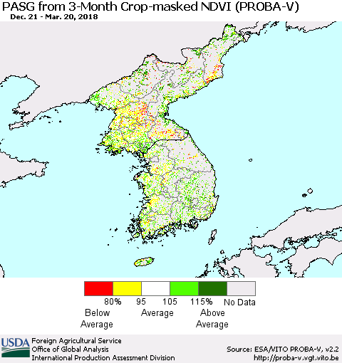 Korea PASG from 3-Month Crop-masked NDVI (PROBA-V) Thematic Map For 3/11/2018 - 3/20/2018