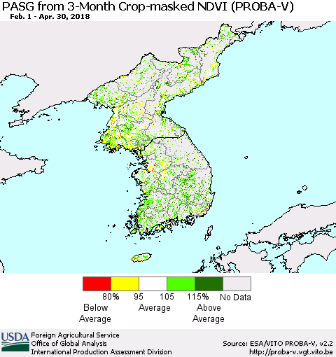 Korea PASG from 3-Month Crop-masked NDVI (PROBA-V) Thematic Map For 4/21/2018 - 4/30/2018
