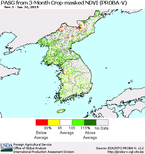 Korea PASG from 3-Month Crop-masked NDVI (PROBA-V) Thematic Map For 1/21/2019 - 1/31/2019