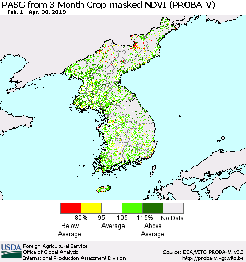 Korea PASG from 3-Month Crop-masked NDVI (PROBA-V) Thematic Map For 4/21/2019 - 4/30/2019