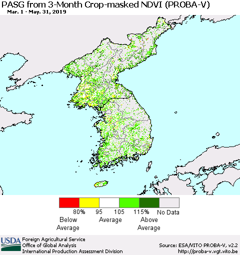 Korea PASG from 3-Month Crop-masked NDVI (PROBA-V) Thematic Map For 5/21/2019 - 5/31/2019