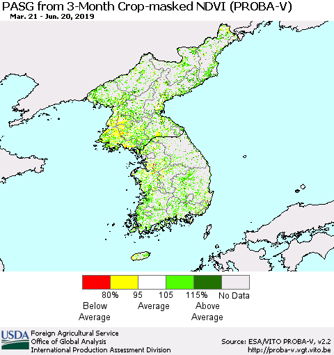 Korea PASG from 3-Month Crop-masked NDVI (PROBA-V) Thematic Map For 6/11/2019 - 6/20/2019
