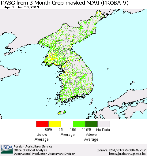 Korea PASG from 3-Month Crop-masked NDVI (PROBA-V) Thematic Map For 6/21/2019 - 6/30/2019