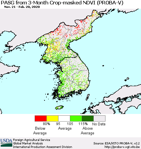 Korea PASG from 3-Month Crop-masked NDVI (PROBA-V) Thematic Map For 2/11/2020 - 2/20/2020