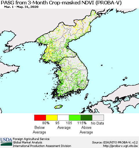 Korea PASG from 3-Month Crop-masked NDVI (PROBA-V) Thematic Map For 5/21/2020 - 5/31/2020