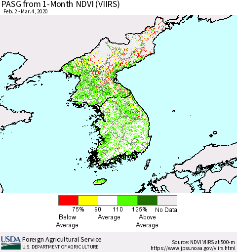 Korea PASG from 1-Month NDVI (VIIRS) Thematic Map For 3/1/2020 - 3/10/2020