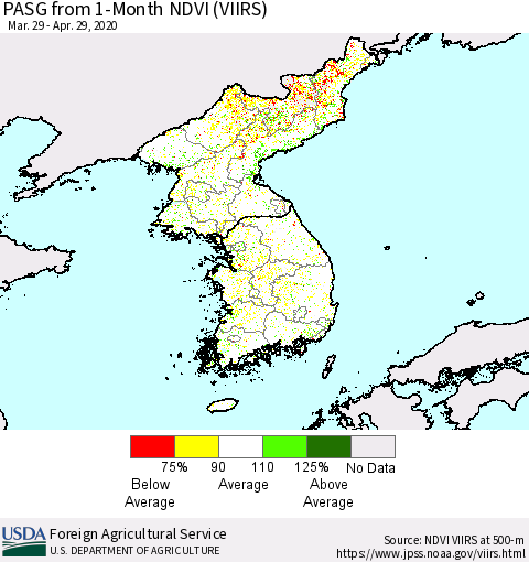 Korea PASG from 1-Month NDVI (VIIRS) Thematic Map For 4/21/2020 - 4/30/2020