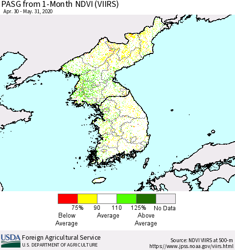 Korea PASG from 1-Month NDVI (VIIRS) Thematic Map For 5/21/2020 - 5/31/2020