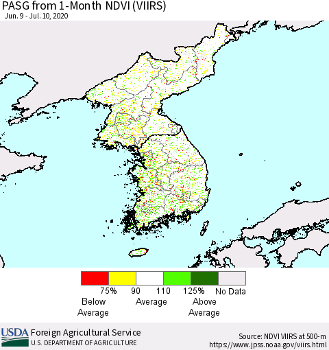 Korea PASG from 1-Month NDVI (VIIRS) Thematic Map For 7/1/2020 - 7/10/2020