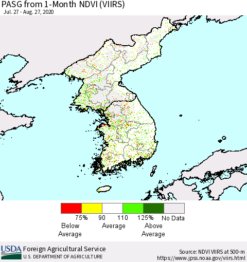 Korea PASG from 1-Month NDVI (VIIRS) Thematic Map For 8/21/2020 - 8/31/2020