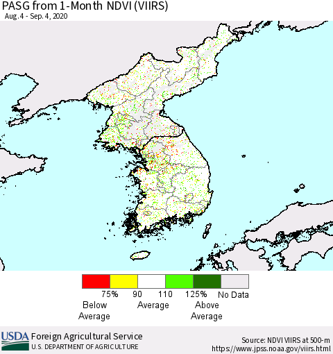 Korea PASG from 1-Month NDVI (VIIRS) Thematic Map For 9/1/2020 - 9/10/2020