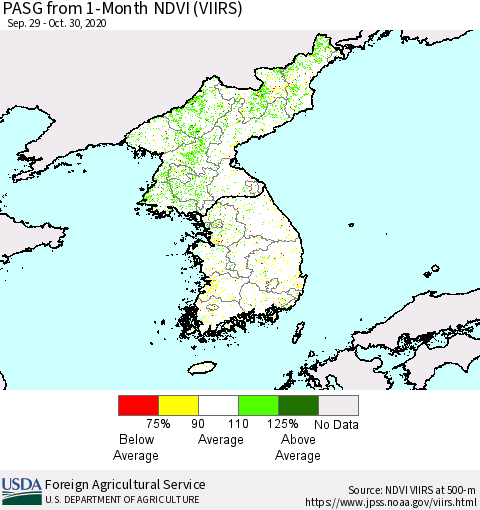 Korea PASG from 1-Month NDVI (VIIRS) Thematic Map For 10/21/2020 - 10/31/2020