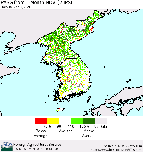 Korea PASG from 1-Month NDVI (VIIRS) Thematic Map For 1/1/2021 - 1/10/2021