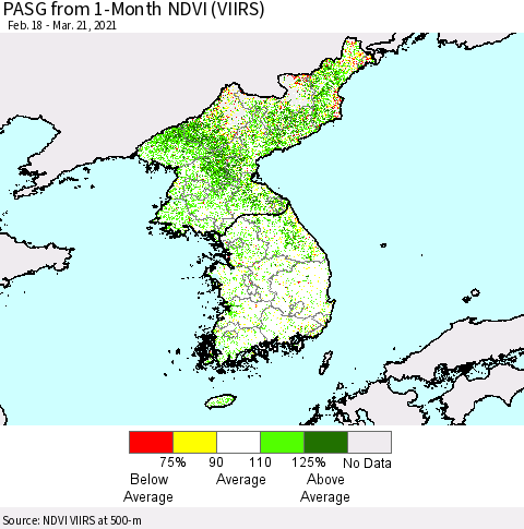 Korea PASG from 1-Month NDVI (VIIRS) Thematic Map For 3/14/2021 - 3/21/2021