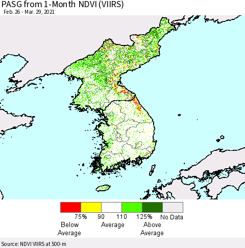 Korea PASG from 1-Month NDVI (VIIRS) Thematic Map For 3/22/2021 - 3/29/2021