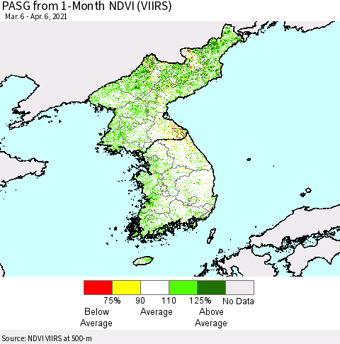 Korea PASG from 1-Month NDVI (VIIRS) Thematic Map For 3/30/2021 - 4/6/2021