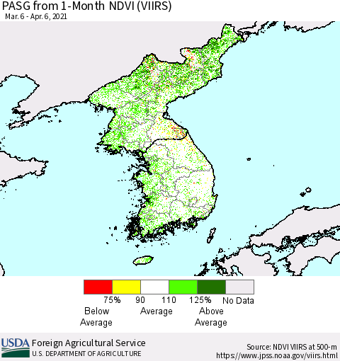 Korea PASG from 1-Month NDVI (VIIRS) Thematic Map For 4/1/2021 - 4/10/2021