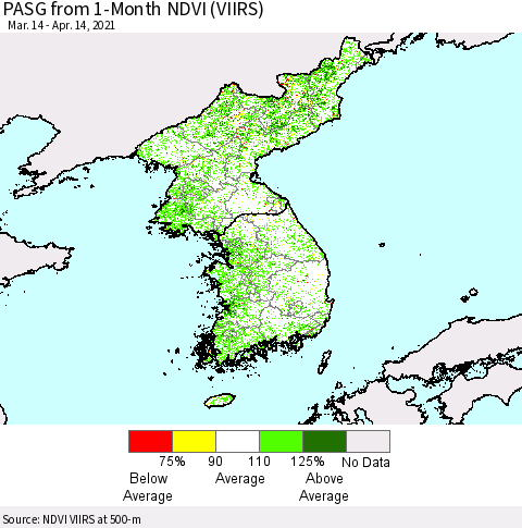 Korea PASG from 1-Month NDVI (VIIRS) Thematic Map For 4/7/2021 - 4/14/2021