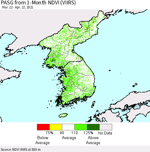 Korea PASG from 1-Month NDVI (VIIRS) Thematic Map For 4/15/2021 - 4/22/2021