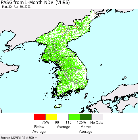 Korea PASG from 1-Month NDVI (VIIRS) Thematic Map For 4/21/2021 - 4/30/2021