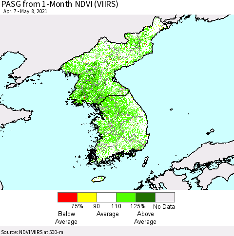 Korea PASG from 1-Month NDVI (VIIRS) Thematic Map For 5/1/2021 - 5/8/2021