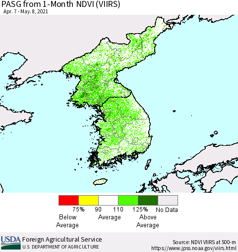 Korea PASG from 1-Month NDVI (VIIRS) Thematic Map For 5/1/2021 - 5/10/2021