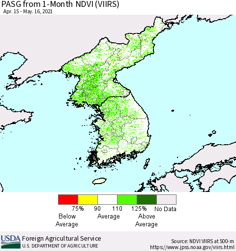 Korea PASG from 1-Month NDVI (VIIRS) Thematic Map For 5/11/2021 - 5/20/2021