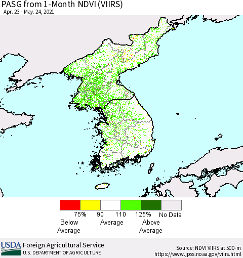 Korea PASG from 1-Month NDVI (VIIRS) Thematic Map For 5/21/2021 - 5/31/2021