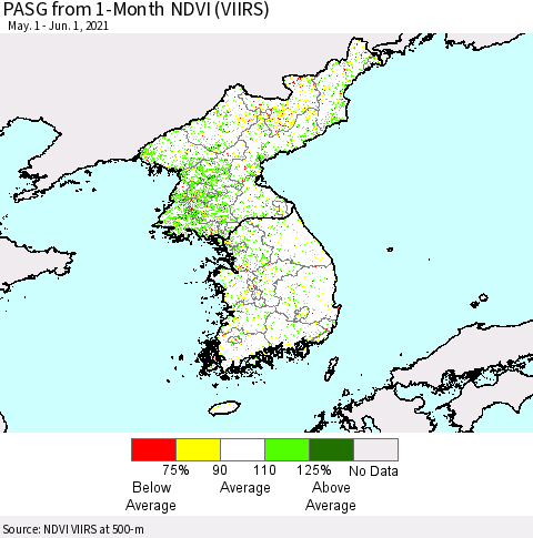 Korea PASG from 1-Month NDVI (VIIRS) Thematic Map For 5/25/2021 - 6/1/2021