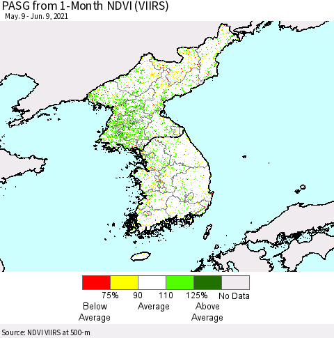 Korea PASG from 1-Month NDVI (VIIRS) Thematic Map For 6/2/2021 - 6/9/2021