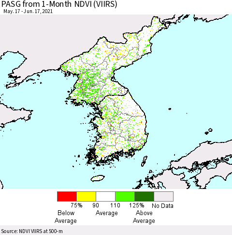 Korea PASG from 1-Month NDVI (VIIRS) Thematic Map For 6/10/2021 - 6/17/2021