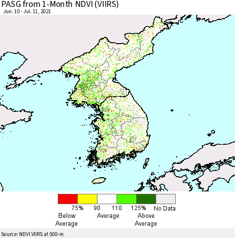 Korea PASG from 1-Month NDVI (VIIRS) Thematic Map For 7/4/2021 - 7/11/2021