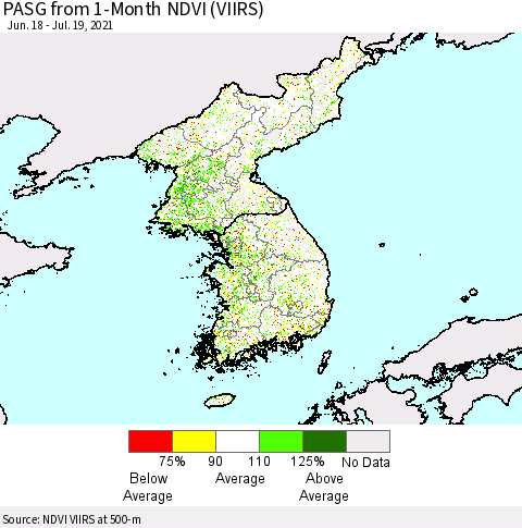 Korea PASG from 1-Month NDVI (VIIRS) Thematic Map For 7/12/2021 - 7/19/2021