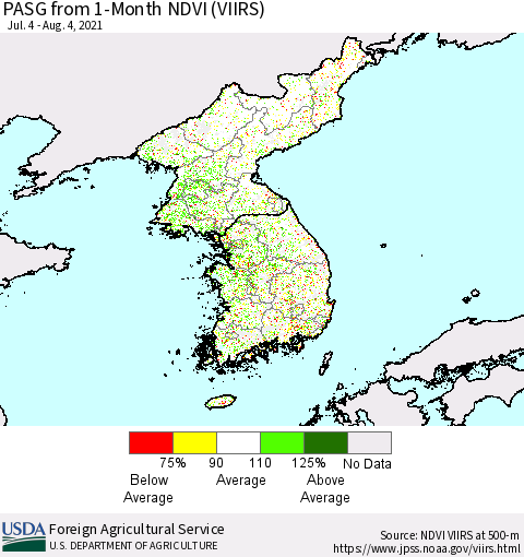 Korea PASG from 1-Month NDVI (VIIRS) Thematic Map For 8/1/2021 - 8/10/2021