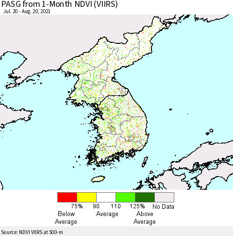 Korea PASG from 1-Month NDVI (VIIRS) Thematic Map For 8/13/2021 - 8/20/2021