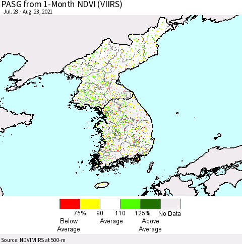 Korea PASG from 1-Month NDVI (VIIRS) Thematic Map For 8/21/2021 - 8/28/2021