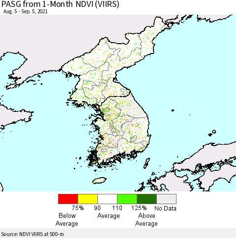 Korea PASG from 1-Month NDVI (VIIRS) Thematic Map For 8/29/2021 - 9/5/2021