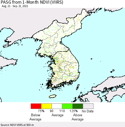 Korea PASG from 1-Month NDVI (VIIRS) Thematic Map For 9/14/2021 - 9/21/2021