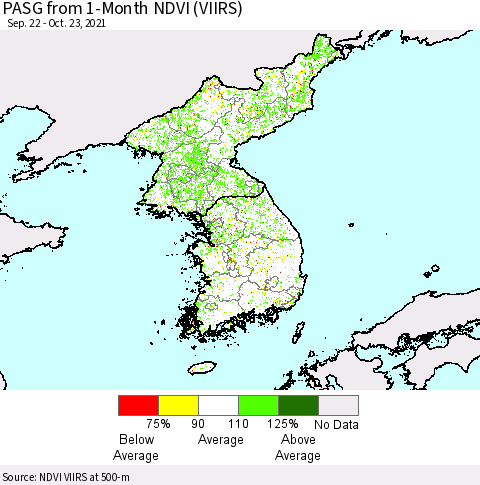 Korea PASG from 1-Month NDVI (VIIRS) Thematic Map For 10/16/2021 - 10/23/2021