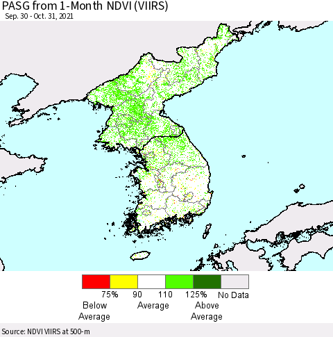 Korea PASG from 1-Month NDVI (VIIRS) Thematic Map For 10/24/2021 - 10/31/2021